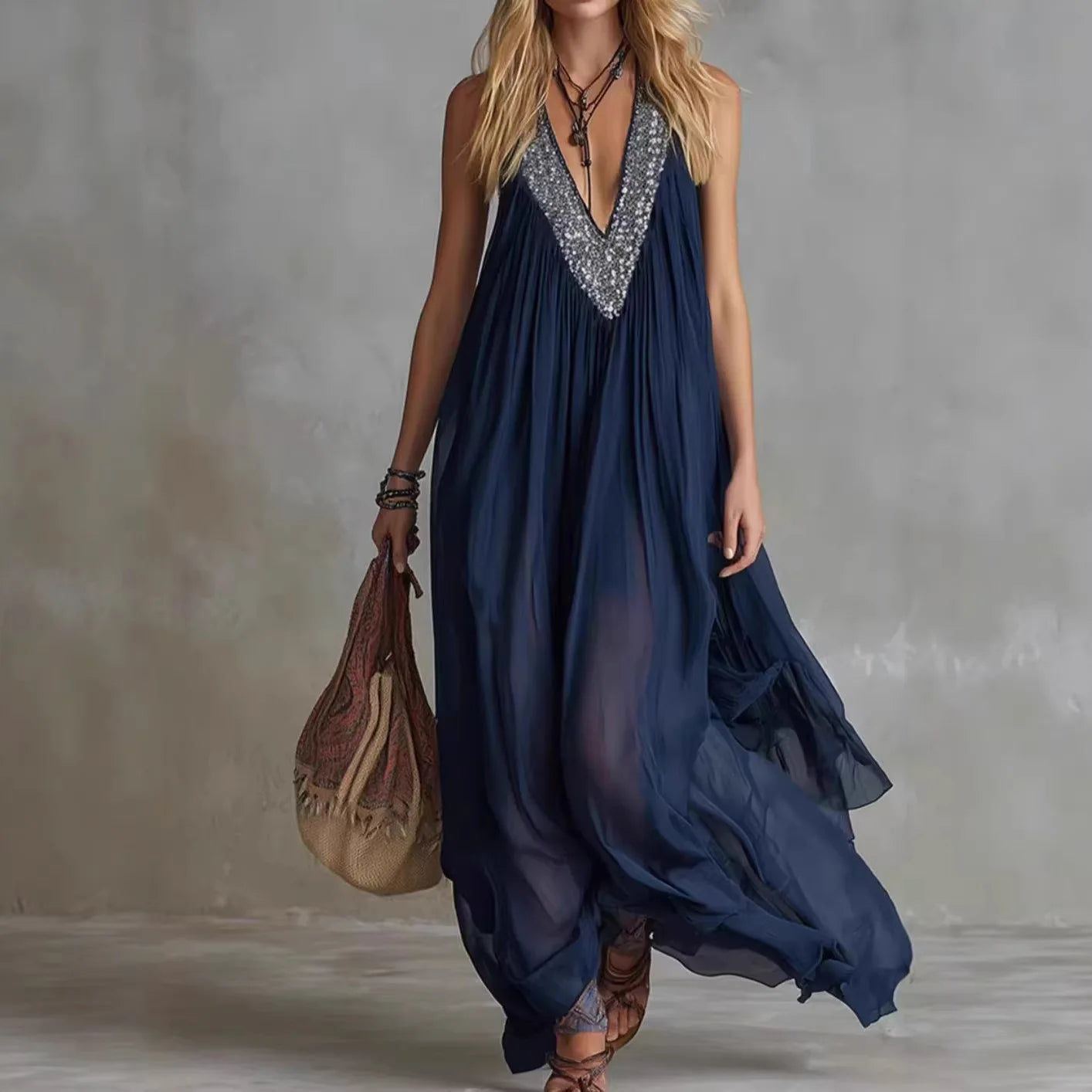 Women’s Navy Blue Sequin Boho Maxi Dress – Sleeveless V Neck Flowy Chiffon Beach Vacation Evening Gown
