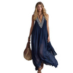 Women’s Navy Blue Sequin Boho Maxi Dress – Sleeveless V Neck Flowy Chiffon Beach Vacation Evening Gown