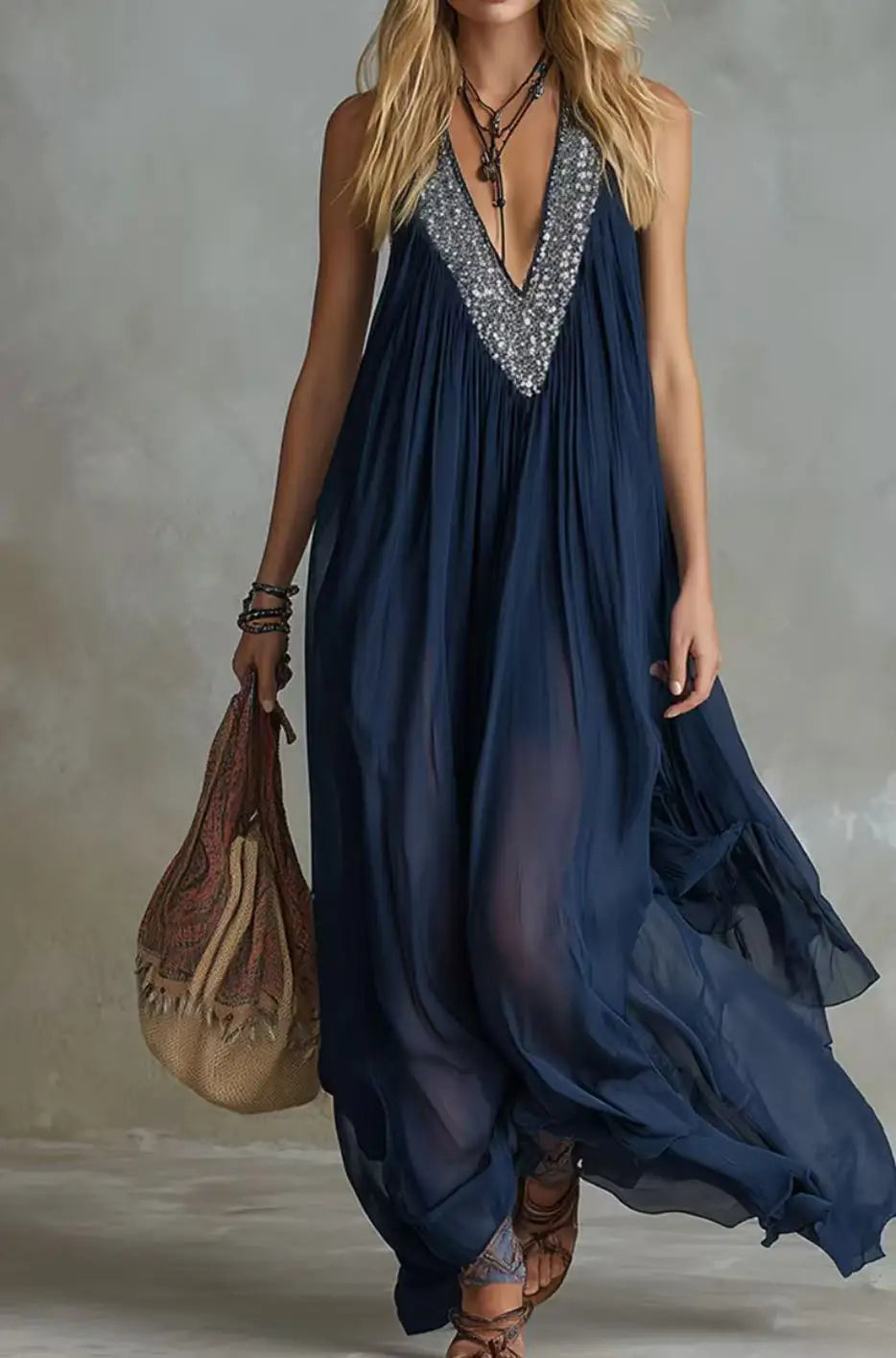 Women’s Navy Blue Sequin Boho Maxi Dress – Sleeveless V Neck Flowy Chiffon Beach Vacation Evening Gown