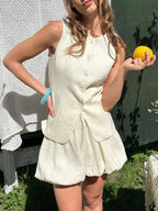 White Linen Sleeveless Button Vest & Bubble Hem Mini Skirt Set Women's Two-Piece Coordinated Outfit