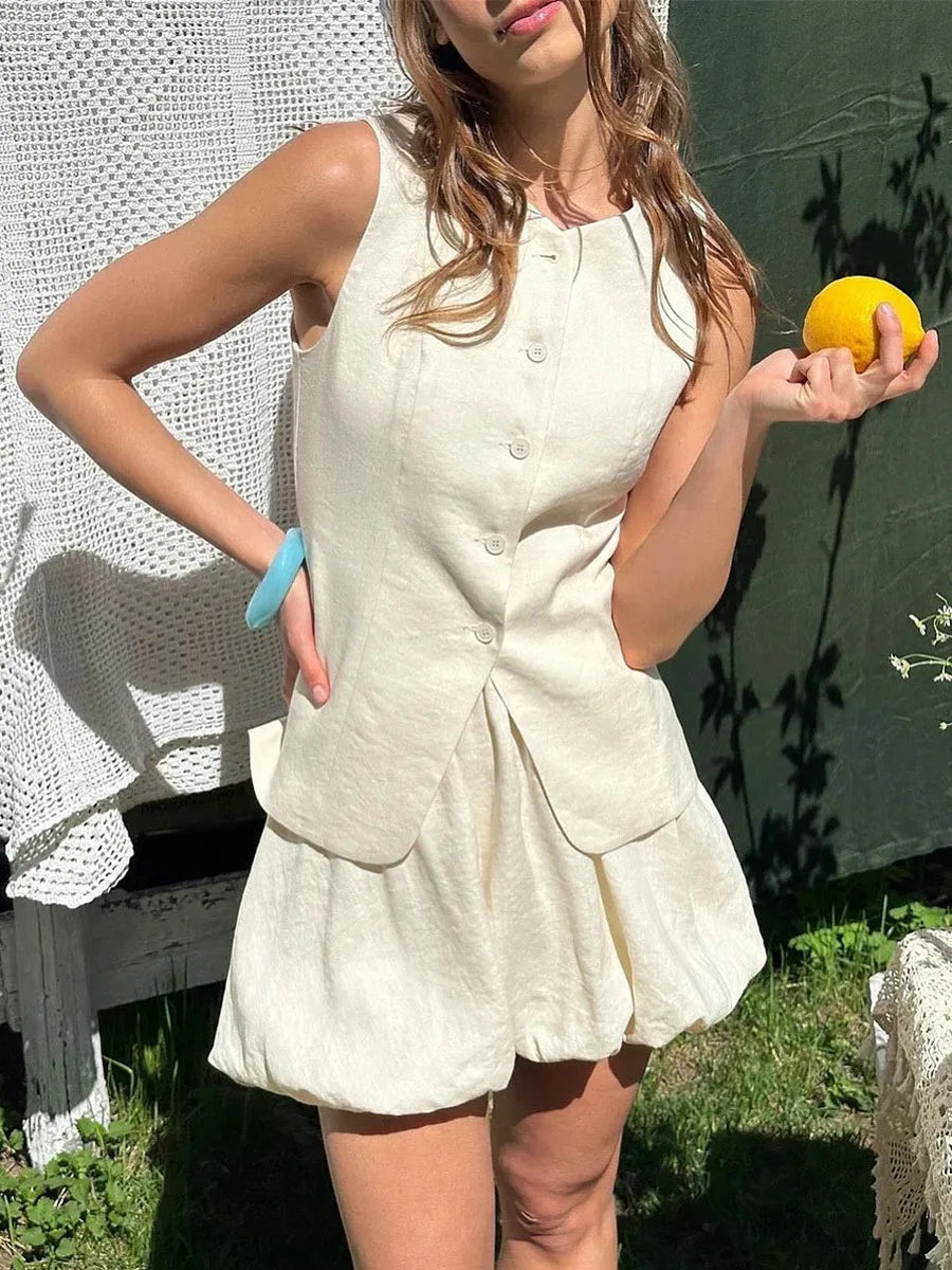 White Linen Sleeveless Button Vest & Bubble Hem Mini Skirt Set Women's Two-Piece Coordinated Outfit
