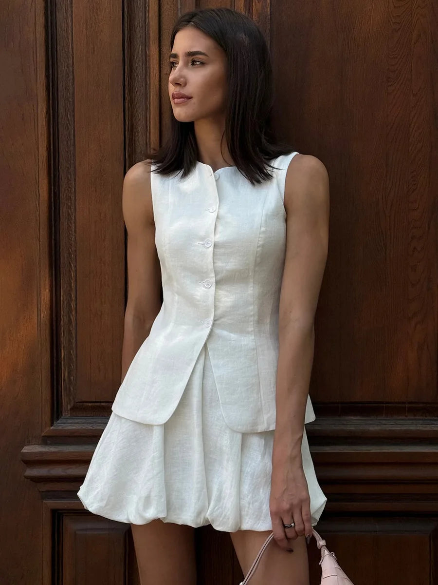 White Linen Sleeveless Button Vest & Bubble Hem Mini Skirt Set Women's Two-Piece Coordinated Outfit