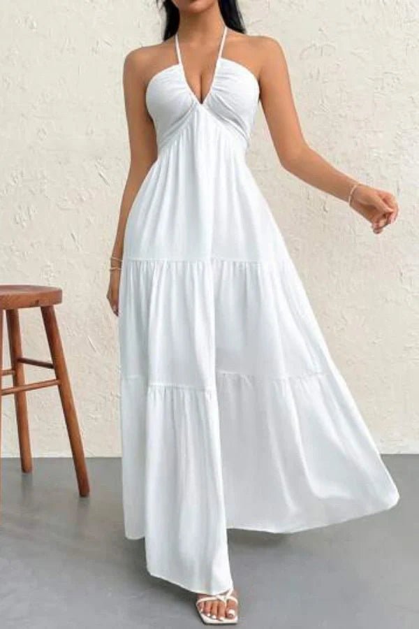 Breeze Halter Cotton Gauze Maxi Dress for Women – Backless Tiered Summer Resort Gown
