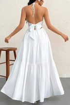 Breeze Halter Cotton Gauze Maxi Dress for Women – Backless Tiered Summer Resort Gown