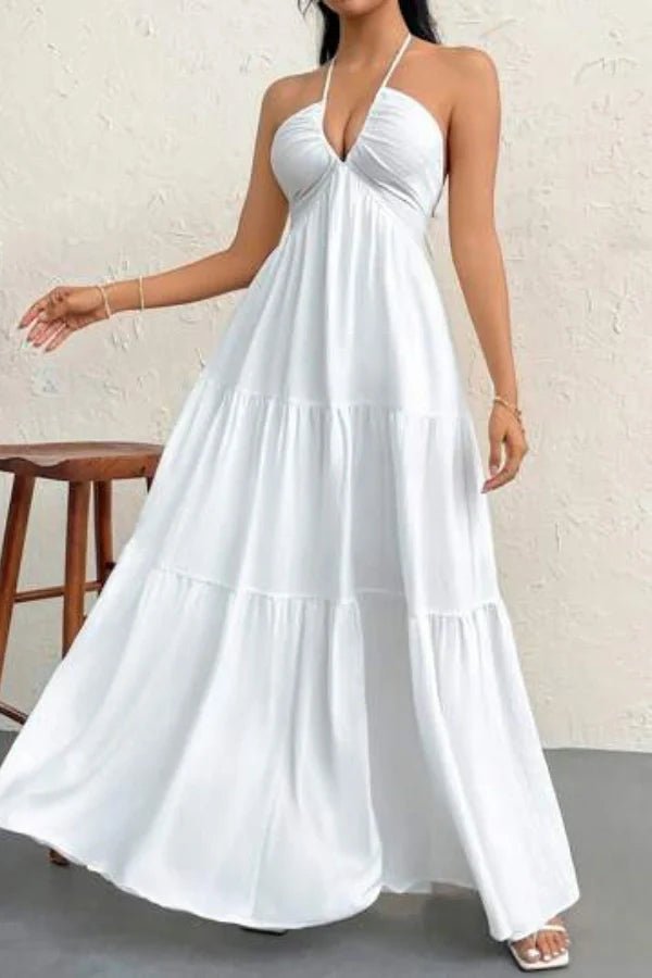Breeze Halter Cotton Gauze Maxi Dress for Women – Backless Tiered Summer Resort Gown
