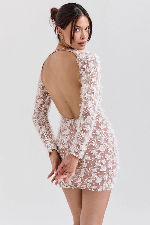 Evelina Rückenfreies Kleid für Damen mit 3D-Blüten und Pailletten – Romantisches Statement-Kleid für besondere Anlässe
