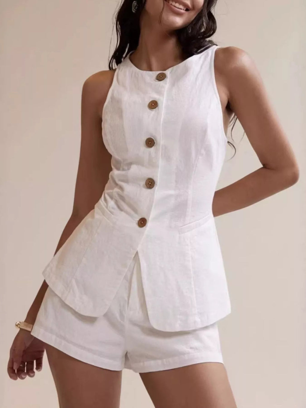 Women’s Cotton Two-Piece Button Detail Set – Sleeveless Top & Mini Skirt Outfit