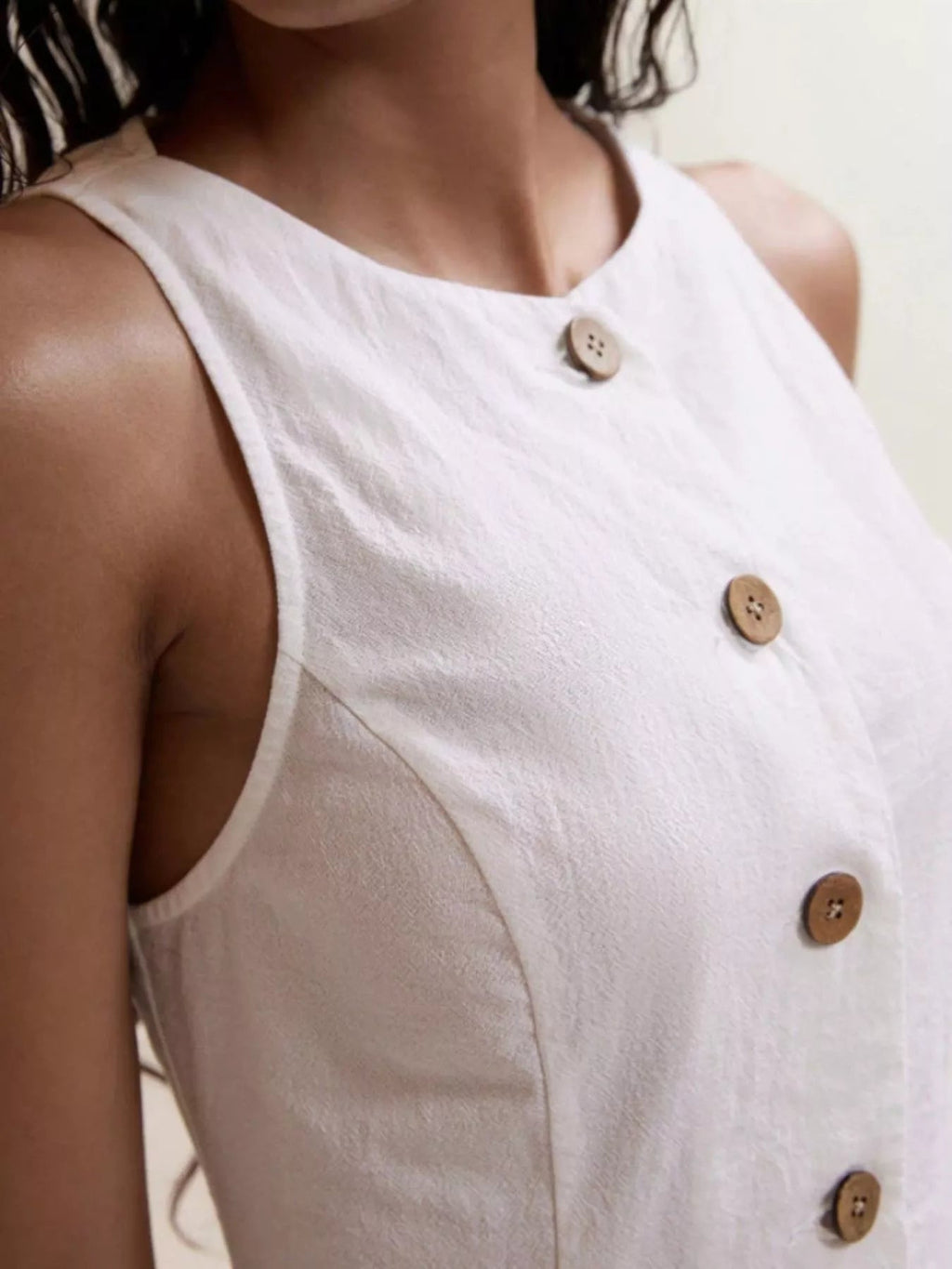 Women’s Cotton Two-Piece Button Detail Set – Sleeveless Top & Mini Skirt Outfit