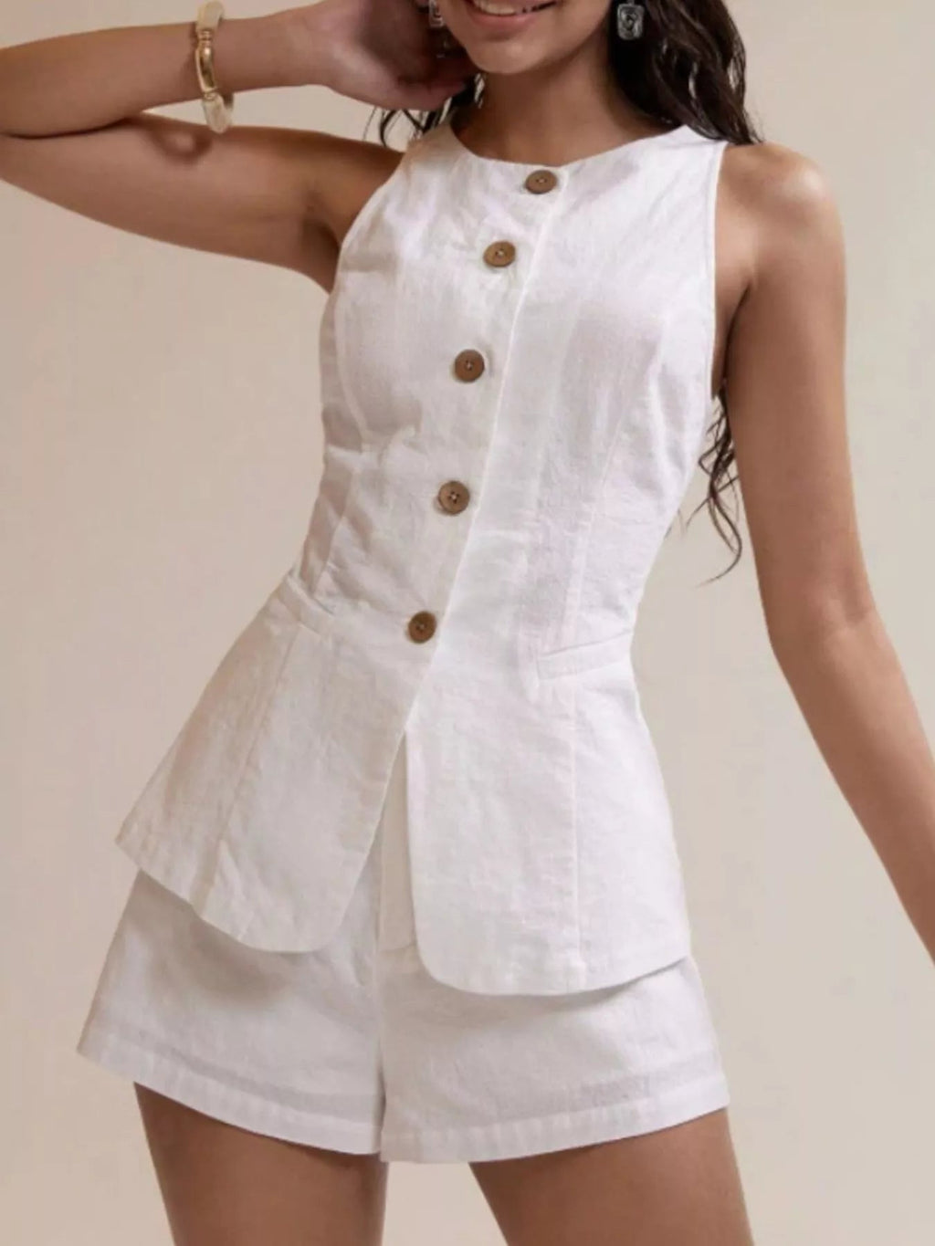 Women’s Cotton Two-Piece Button Detail Set – Sleeveless Top & Mini Skirt Outfit