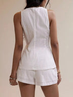 Women’s Cotton Two-Piece Button Detail Set – Sleeveless Top & Mini Skirt Outfit