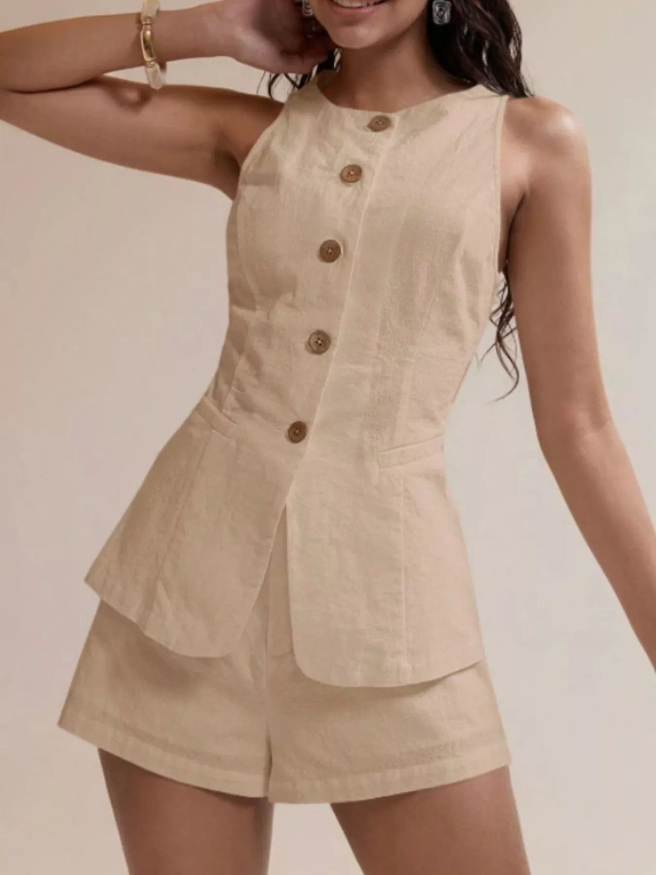 Women’s Cotton Two-Piece Button Detail Set – Sleeveless Top & Mini Skirt Outfit