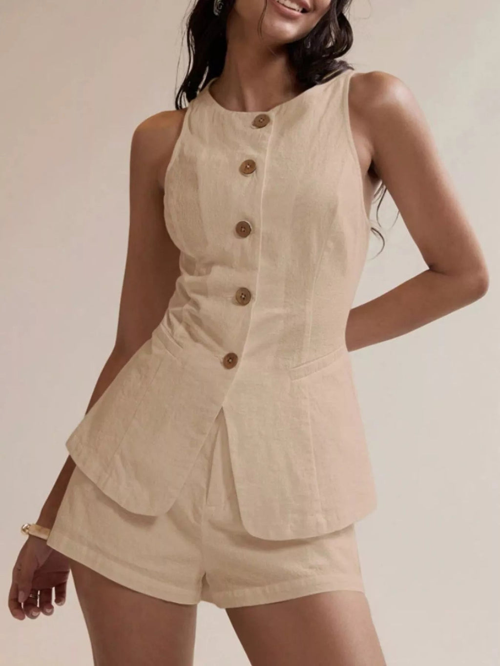 Women’s Cotton Two-Piece Button Detail Set – Sleeveless Top & Mini Skirt Outfit