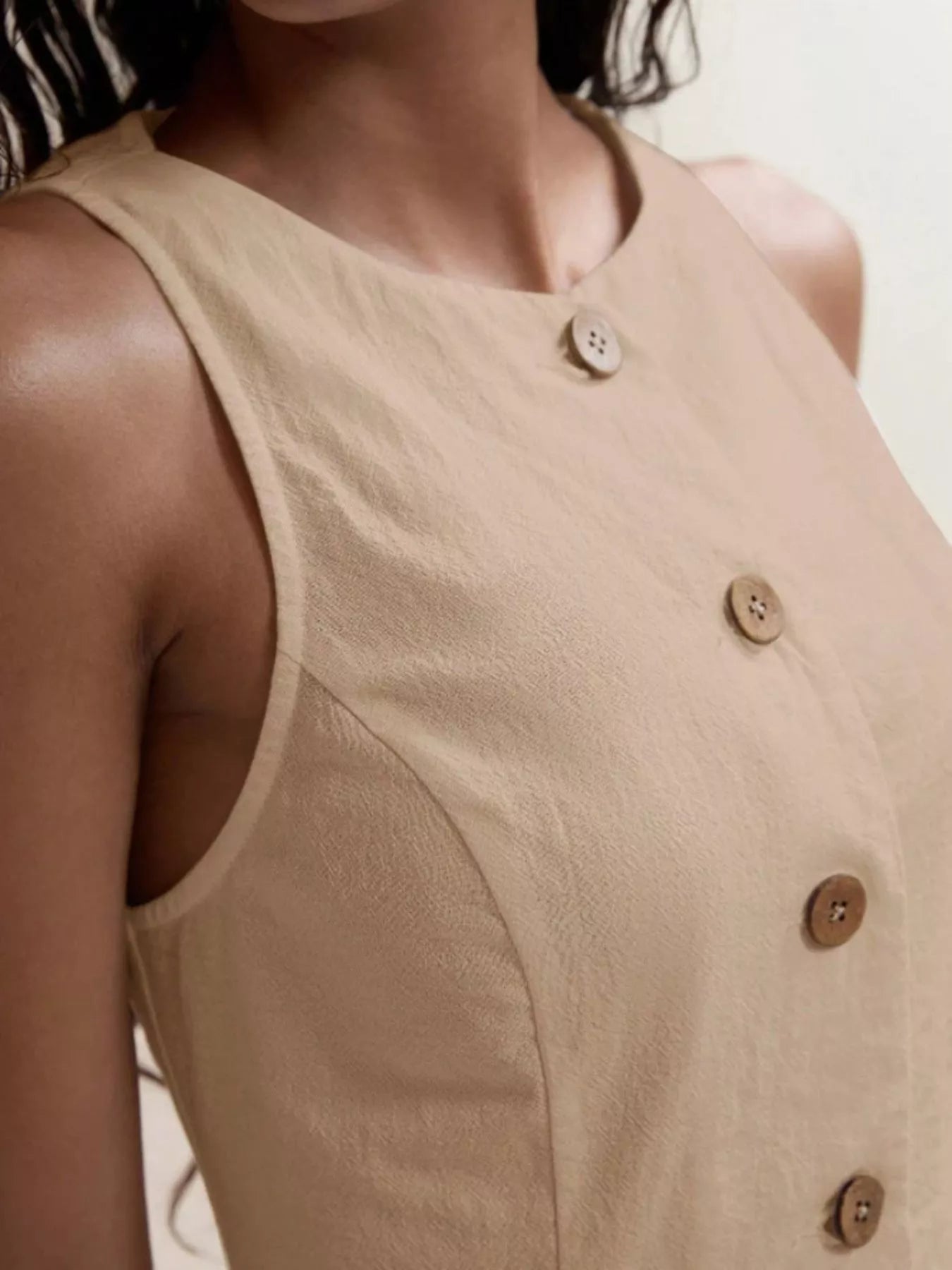 Women’s Cotton Two-Piece Button Detail Set – Sleeveless Top & Mini Skirt Outfit