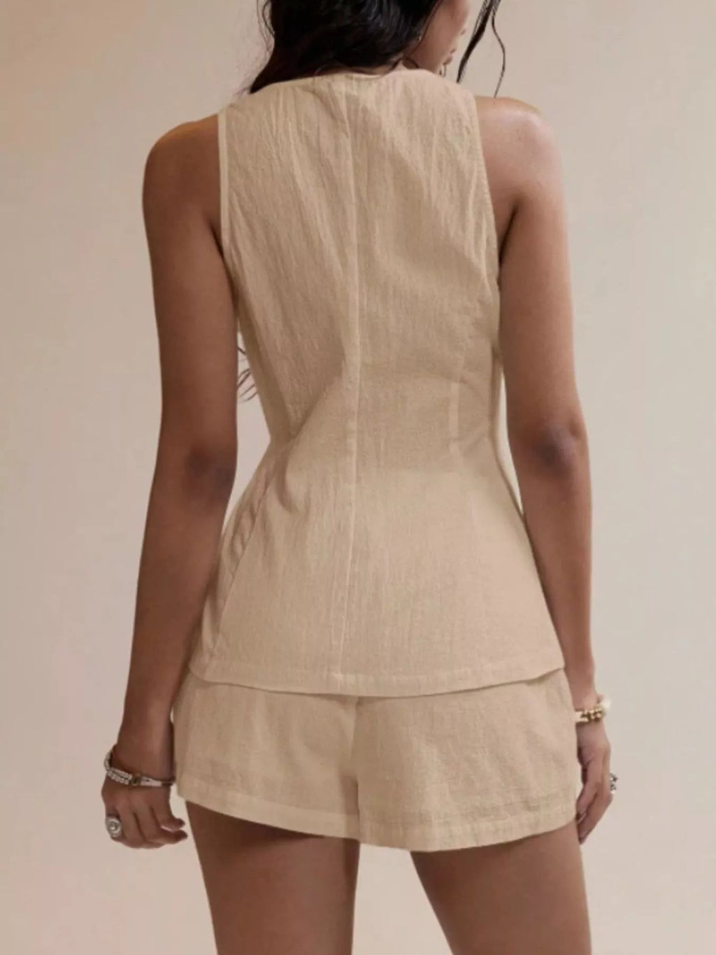 Women’s Cotton Two-Piece Button Detail Set – Sleeveless Top & Mini Skirt Outfit