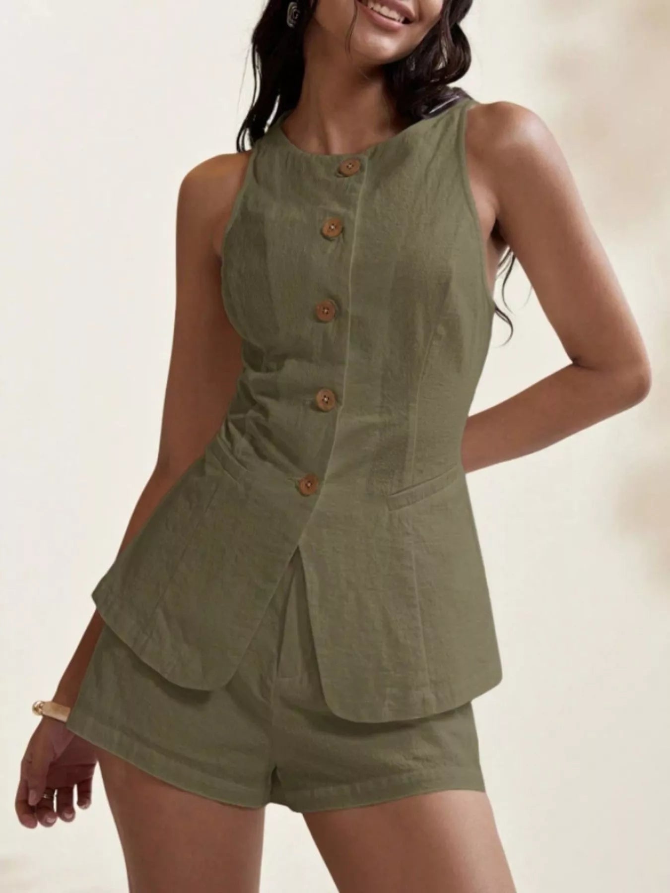 Women’s Cotton Two-Piece Button Detail Set – Sleeveless Top & Mini Skirt Outfit