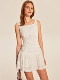 Women’s Backless Embroidered Cotton Mini Dress — Sleeveless V-Neck Slim Fit Elegant Wedding & Vacation Dress