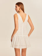 Women’s Backless Embroidered Cotton Mini Dress — Sleeveless V-Neck Slim Fit Elegant Wedding & Vacation Dress