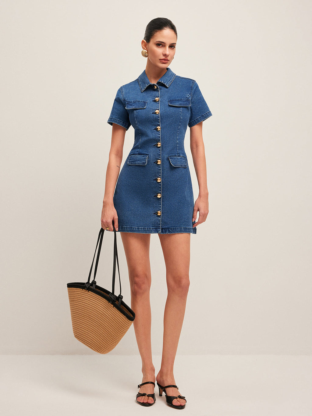 Women’s Denim Shirt Dress — Button-Down Collar Short Sleeve Mini Dress with Metal Detail for Casual & Work Wear