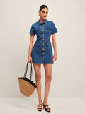 Women’s Denim Shirt Dress — Button-Down Collar Short Sleeve Mini Dress with Metal Detail for Casual & Work Wear