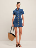 Women’s Denim Shirt Dress — Button-Down Collar Short Sleeve Mini Dress with Metal Detail for Casual & Work Wear