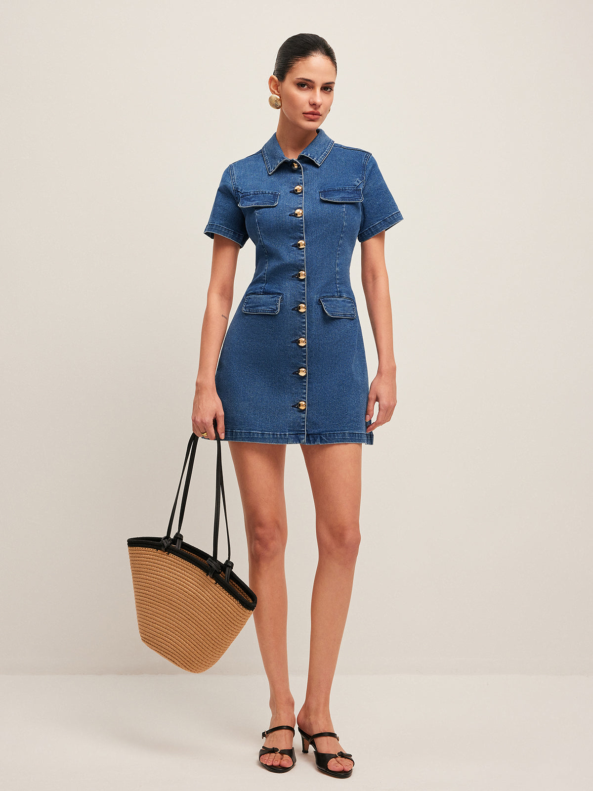 Women’s Denim Shirt Dress — Button-Down Collar Short Sleeve Mini Dress with Metal Detail for Casual & Work Wear