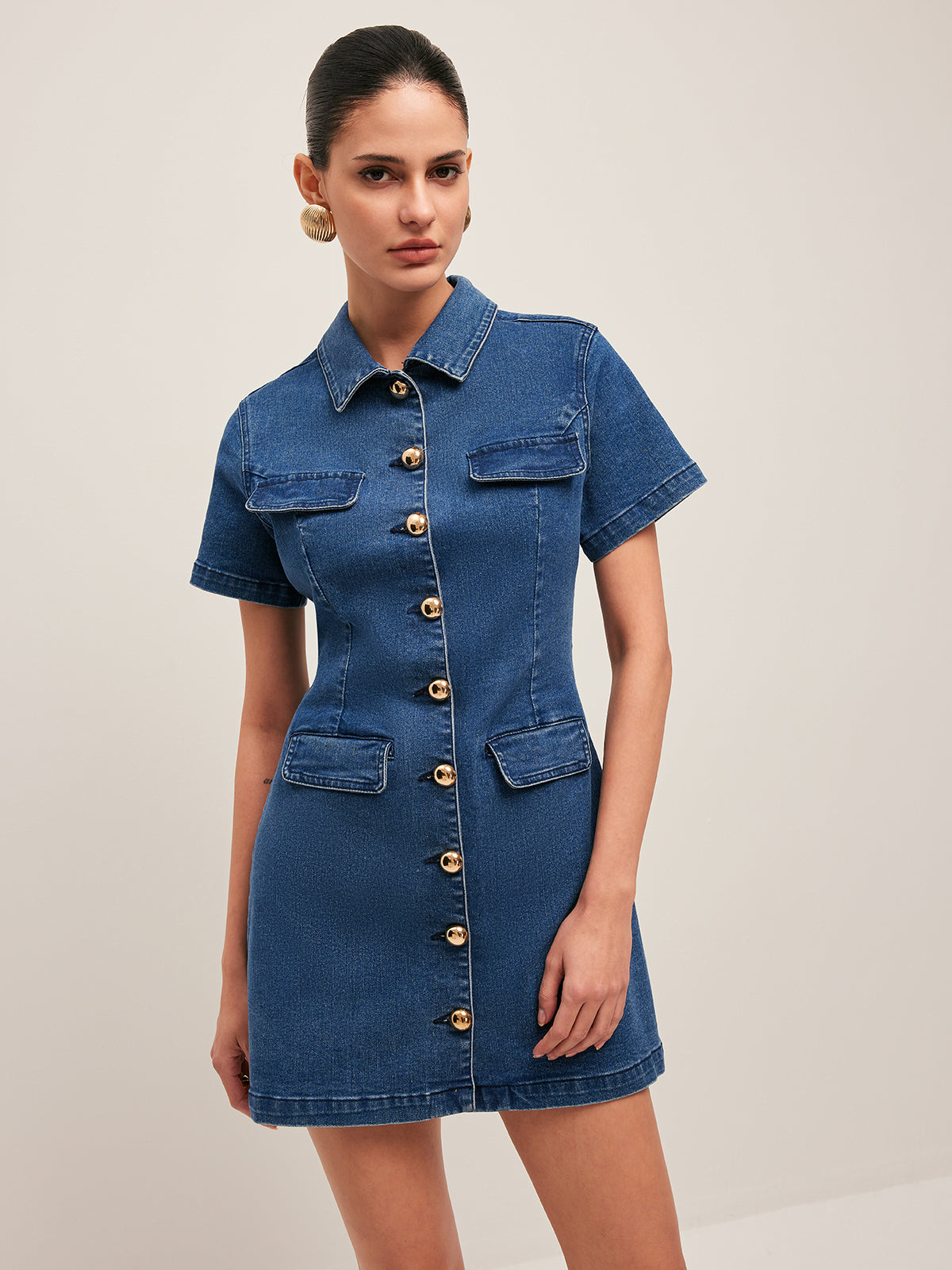Women’s Denim Shirt Dress — Button-Down Collar Short Sleeve Mini Dress with Metal Detail for Casual & Work Wear