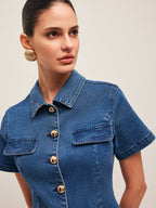 Women’s Denim Shirt Dress — Button-Down Collar Short Sleeve Mini Dress with Metal Detail for Casual & Work Wear