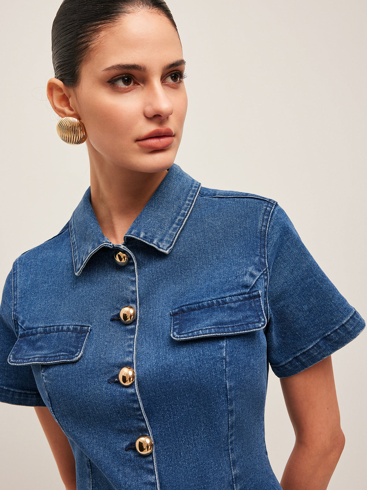Women’s Denim Shirt Dress — Button-Down Collar Short Sleeve Mini Dress with Metal Detail for Casual & Work Wear