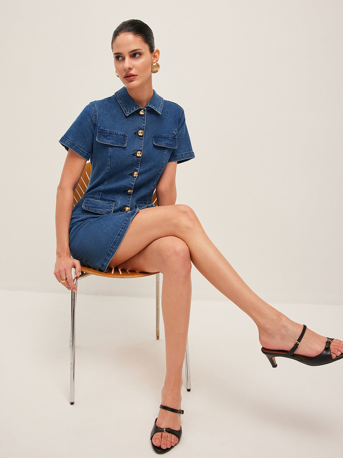 Women’s Denim Shirt Dress — Button-Down Collar Short Sleeve Mini Dress with Metal Detail for Casual & Work Wear