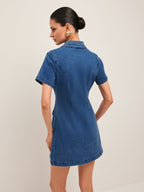 Women’s Denim Shirt Dress — Button-Down Collar Short Sleeve Mini Dress with Metal Detail for Casual & Work Wear