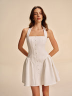 Women’s Halter Pleated Mini Dress — Cold Shoulder Sleeveless Elegant Party & Wedding Dress with Buttons