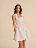 Women’s Halter Pleated Mini Dress — Cold Shoulder Sleeveless Elegant Party & Wedding Dress with Buttons