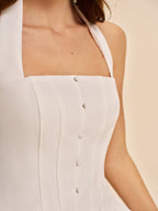 Women’s Halter Pleated Mini Dress — Cold Shoulder Sleeveless Elegant Party & Wedding Dress with Buttons