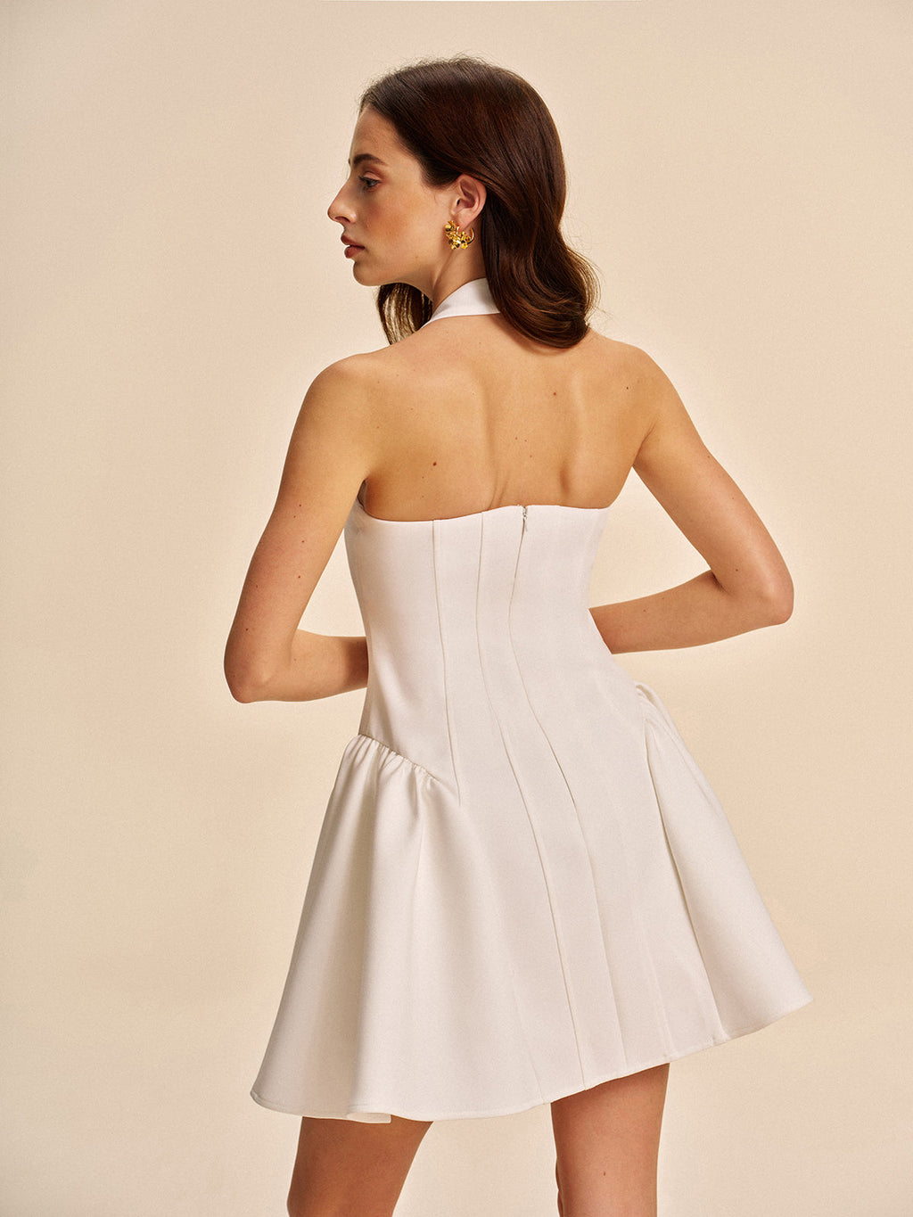 Women’s Halter Pleated Mini Dress — Cold Shoulder Sleeveless Elegant Party & Wedding Dress with Buttons
