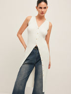 Women’s V-Neck Knit Midi Dress — Sleeveless Slim Fit Plain Elegant Casual Leisure Dress
