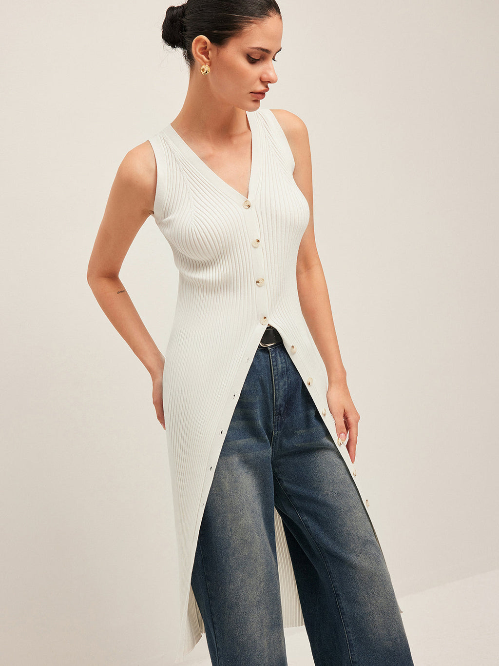 Women’s V-Neck Knit Midi Dress — Sleeveless Slim Fit Plain Elegant Casual Leisure Dress