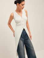 Women’s V-Neck Knit Midi Dress — Sleeveless Slim Fit Plain Elegant Casual Leisure Dress