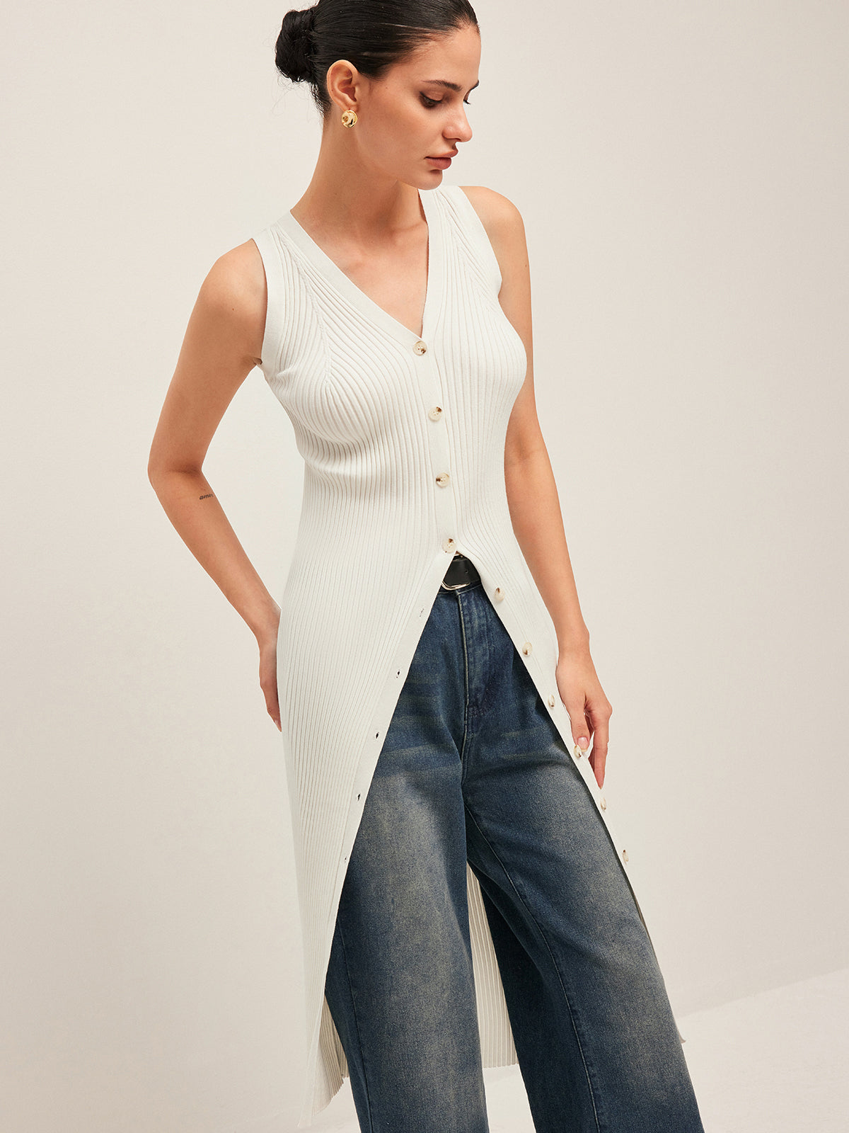 Women’s V-Neck Knit Midi Dress — Sleeveless Slim Fit Plain Elegant Casual Leisure Dress