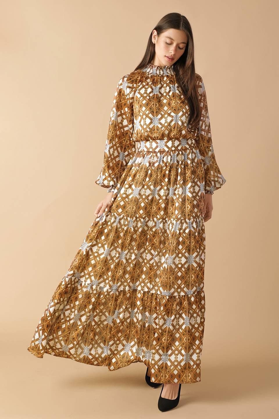 Women’s Printed Smocked High Neck Tiered Maxi Dress with Long Sleeves