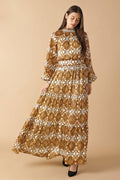Women’s Printed Smocked High Neck Tiered Maxi Dress with Long Sleeves