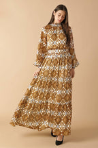 Women’s Printed Smocked High Neck Tiered Maxi Dress with Long Sleeves