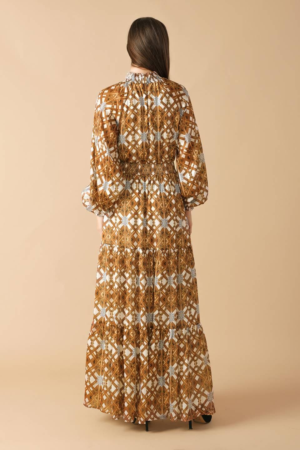 Women’s Printed Smocked High Neck Tiered Maxi Dress with Long Sleeves