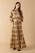 Women’s Printed Smocked High Neck Tiered Maxi Dress with Long Sleeves