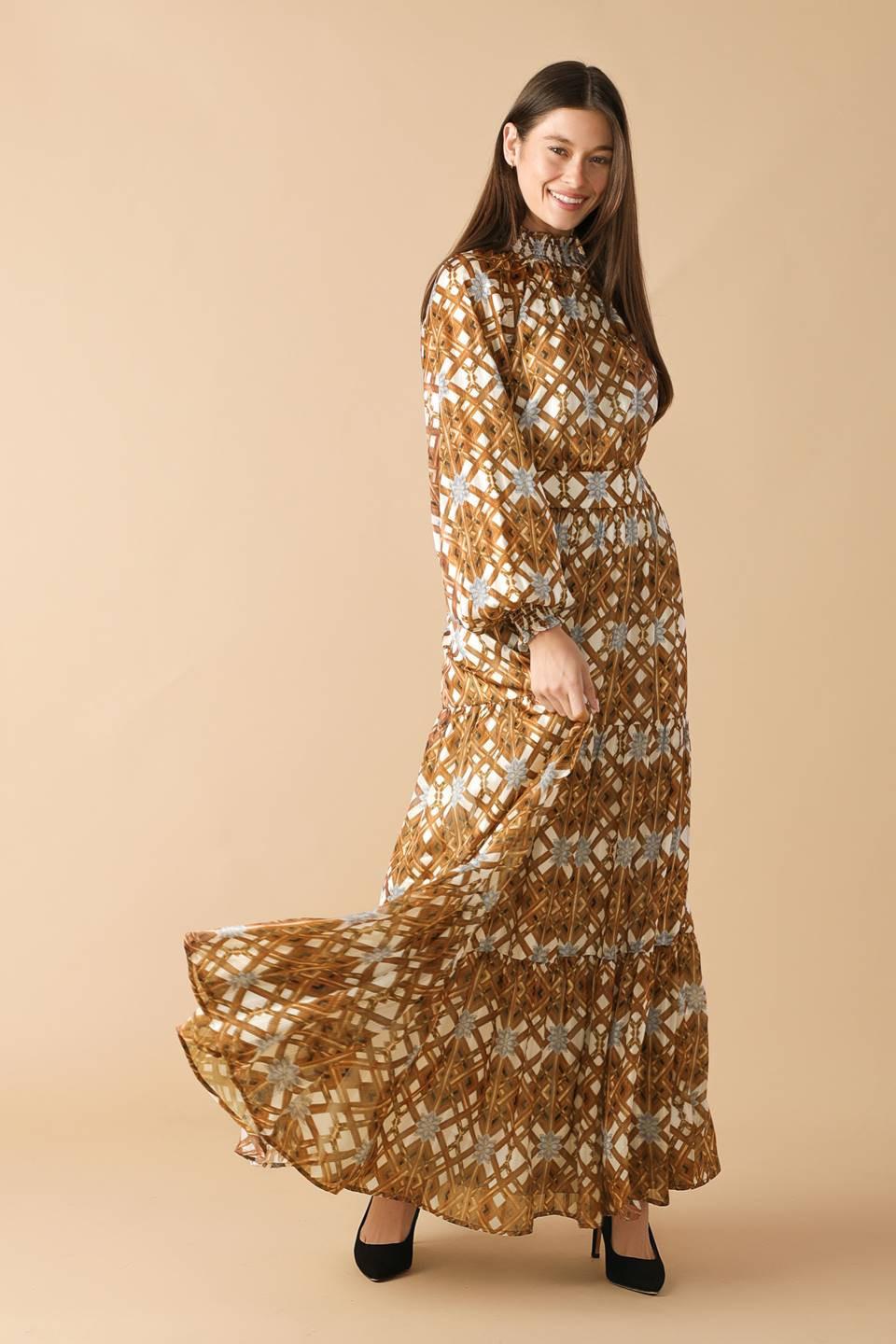 Women’s Printed Smocked High Neck Tiered Maxi Dress with Long Sleeves