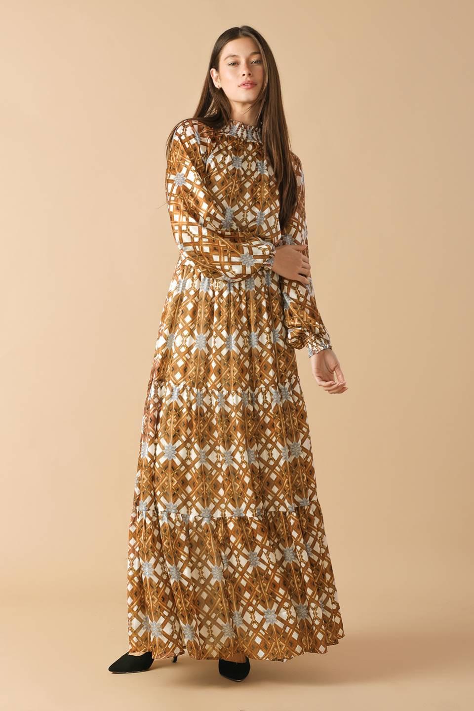 Women’s Printed Smocked High Neck Tiered Maxi Dress with Long Sleeves