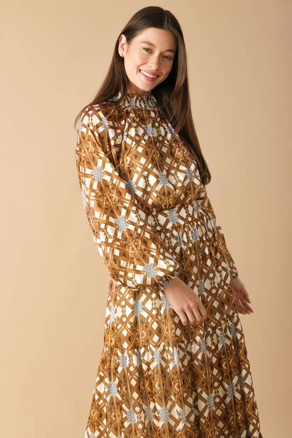 Women’s Printed Smocked High Neck Tiered Maxi Dress with Long Sleeves
