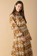 Women’s Printed Smocked High Neck Tiered Maxi Dress with Long Sleeves