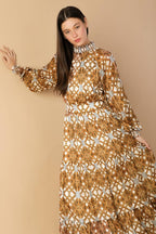 Women’s Printed Smocked High Neck Tiered Maxi Dress with Long Sleeves