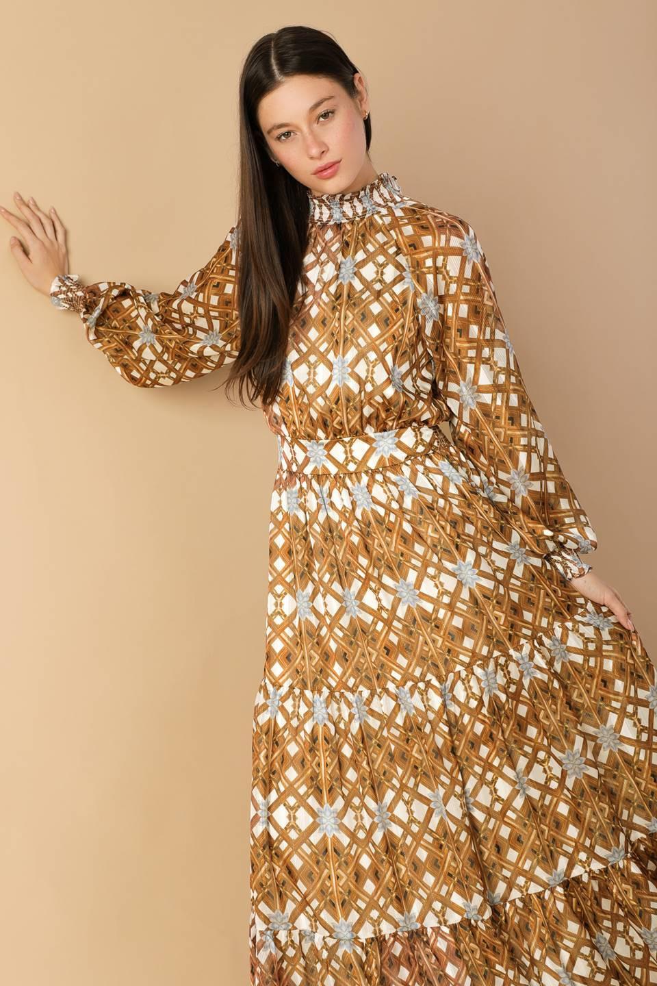 Women’s Printed Smocked High Neck Tiered Maxi Dress with Long Sleeves