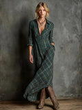Women’s Plaid Shirt Maxi Dress – Lapel Collar Single Button Relaxed Elegant Cotton Blend Dress